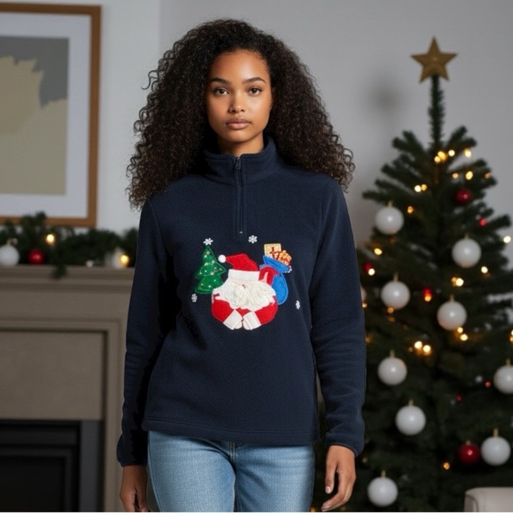 White Stag Christmas fleece shirt XL. Navy long sleeve pullover exc. cond 3D